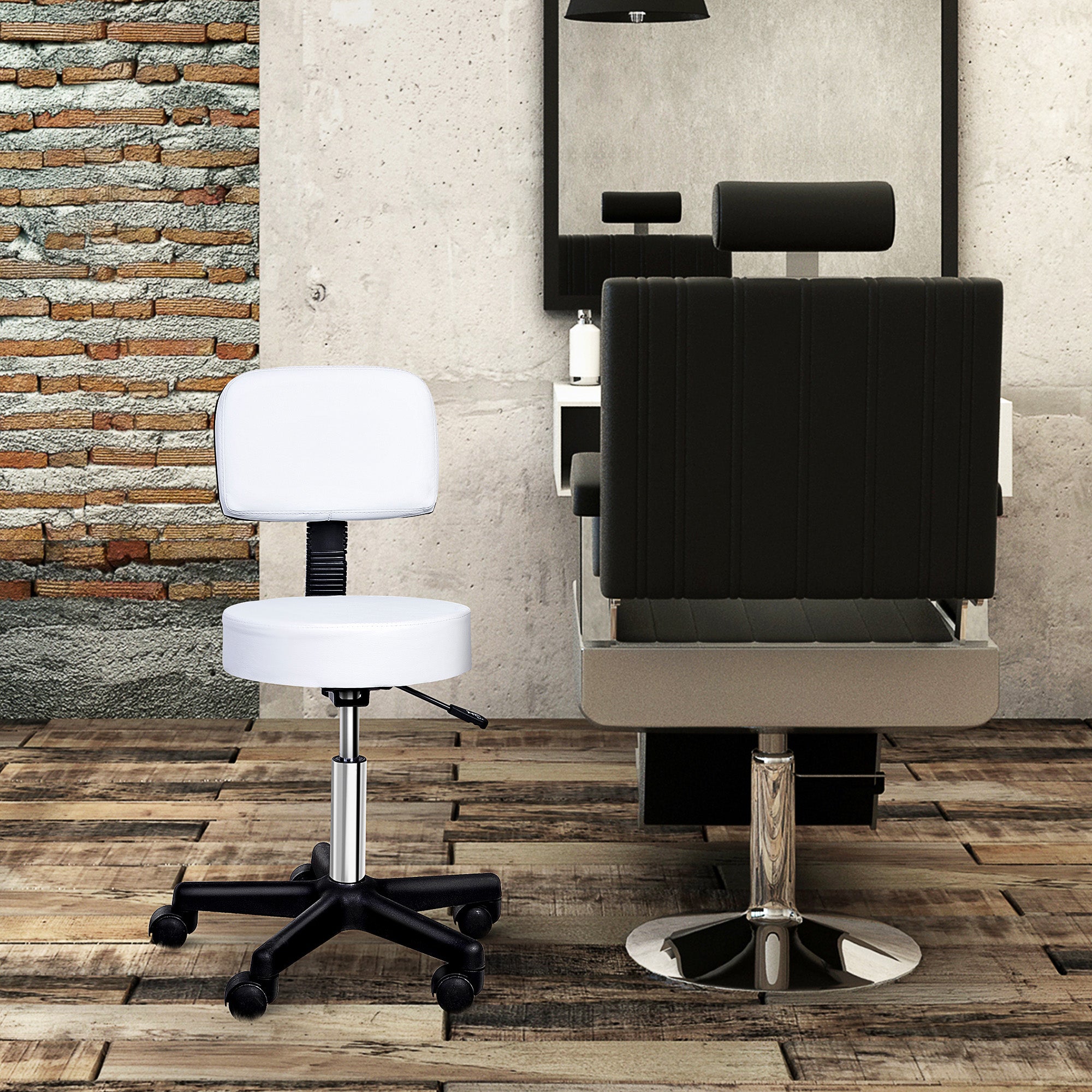 Rolling Stool Height Adjustable Work Stool with Backrest, Swivel Salon Stool for Massage Office Faux Leather White Ø35 x 72-84 cm