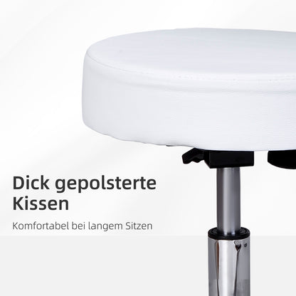 Rolling Stool Height Adjustable Work Stool with Backrest, Swivel Salon Stool for Massage Office Faux Leather White Ø35 x 72-84 cm