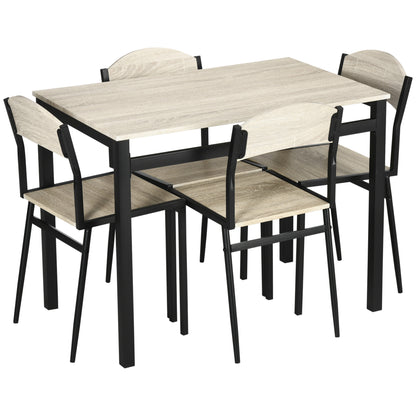 5-Piece Dining Set with 1 Rectangular Table and 4 Chairs, in Steel and MDF, Black and Oak