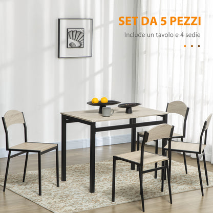 5-Piece Dining Set with 1 Rectangular Table and 4 Chairs, in Steel and MDF, Black and Oak