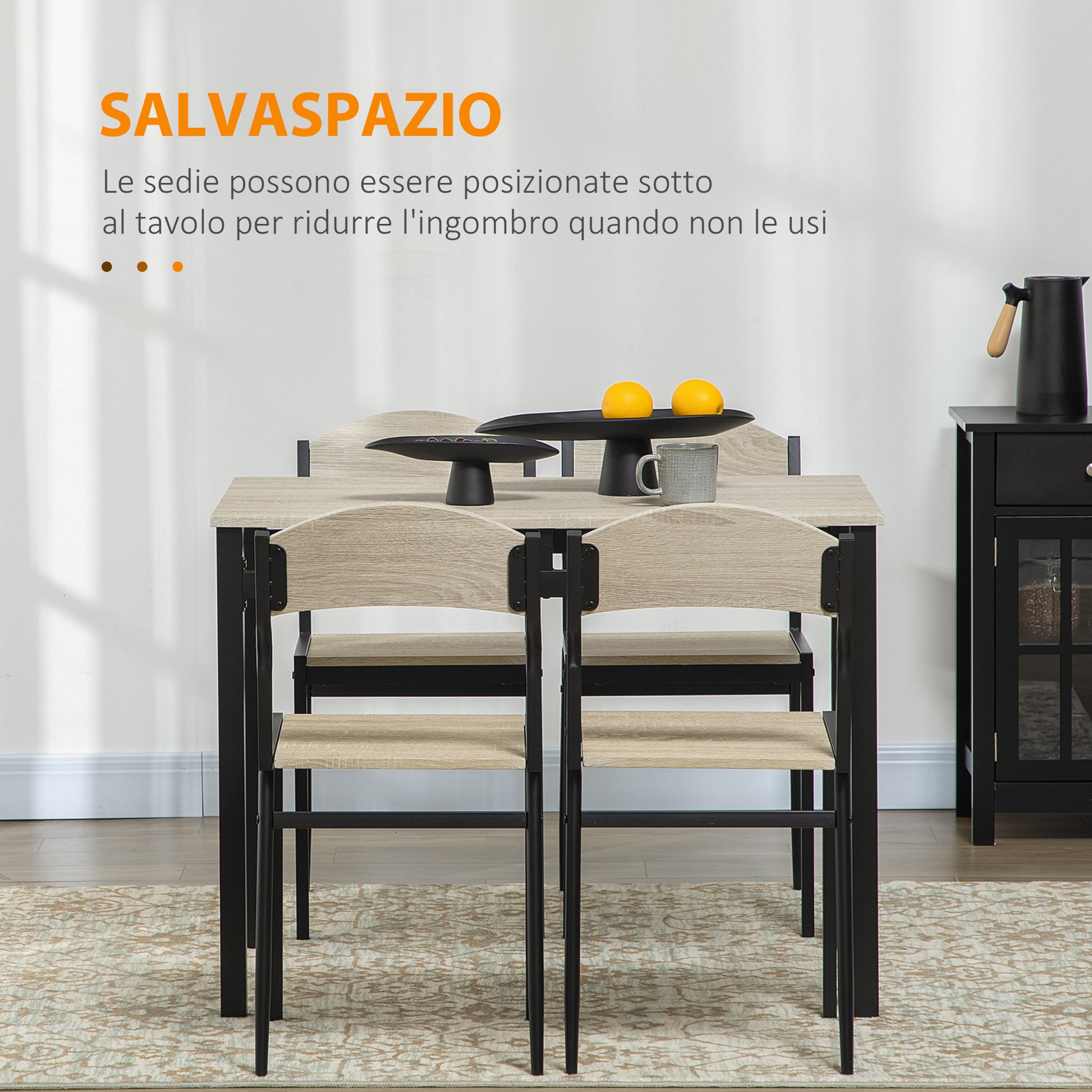 5-Piece Dining Set with 1 Rectangular Table and 4 Chairs, in Steel and MDF, Black and Oak