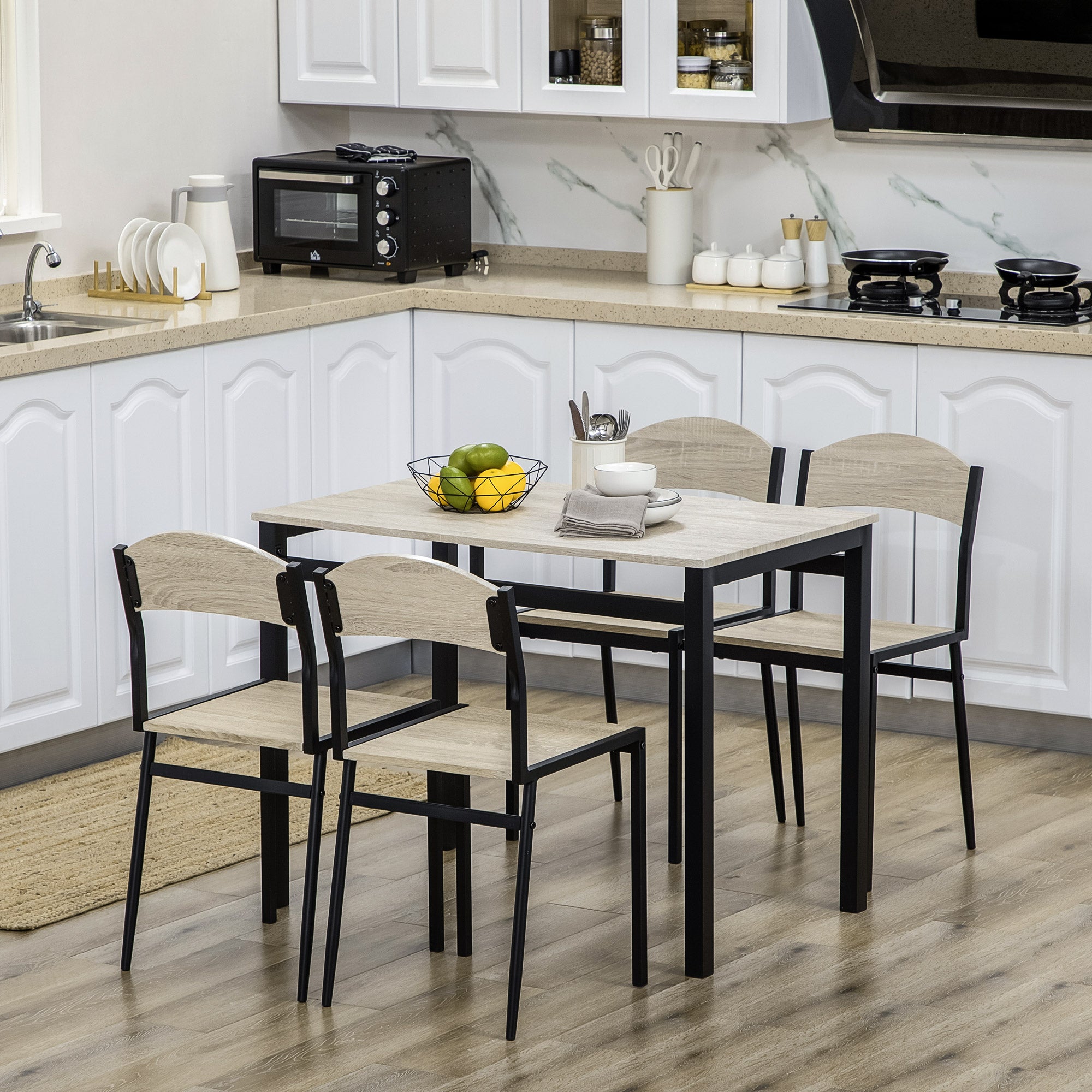 5-Piece Dining Set with 1 Rectangular Table and 4 Chairs, in Steel and MDF, Black and Oak