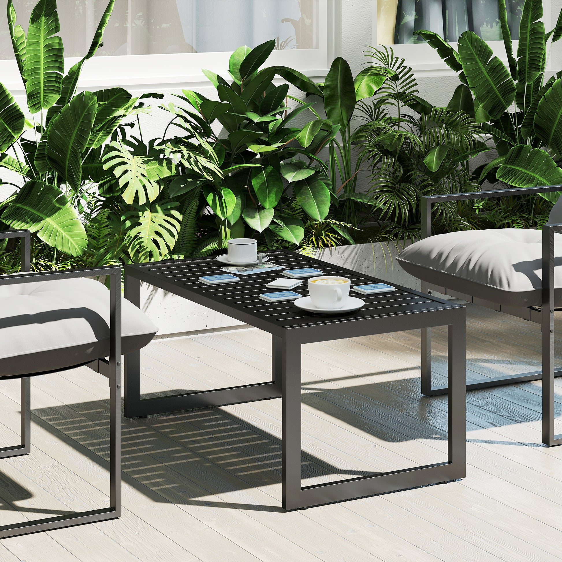 Side Table with Slatted Design, Outdoor Coffee Table made of Aluminum, Weatherproof Garden Table, Easy to Clean Sofa Table for Balcony Garden Terrace, 90 x 50 x 42 cm, Black