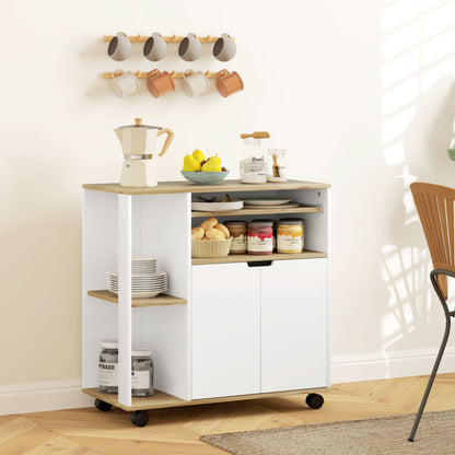 Kitchen Cart Serving Trolley with Cabinet, Sliding and Adjustable Shelves, Kitchen Rack with Worktop, Wheels for Dining Room, 80 x 40 x 82 cm, White