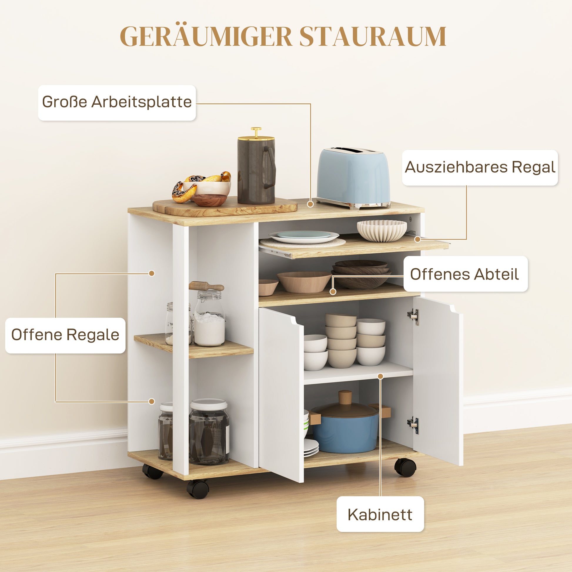 Kitchen Cart Serving Trolley with Cabinet, Sliding and Adjustable Shelves, Kitchen Rack with Worktop, Wheels for Dining Room, 80 x 40 x 82 cm, White