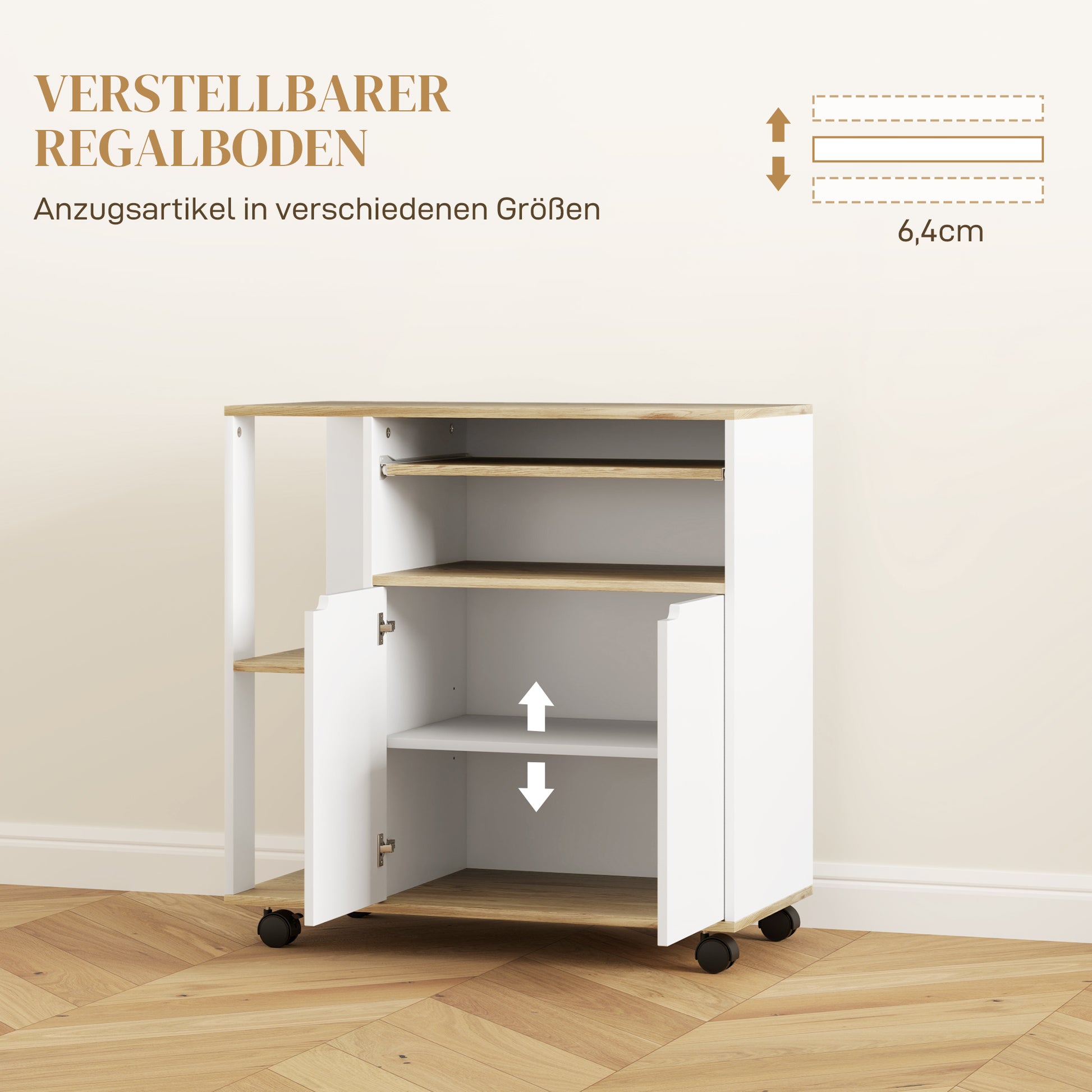 Kitchen Cart Serving Trolley with Cabinet, Sliding and Adjustable Shelves, Kitchen Rack with Worktop, Wheels for Dining Room, 80 x 40 x 82 cm, White