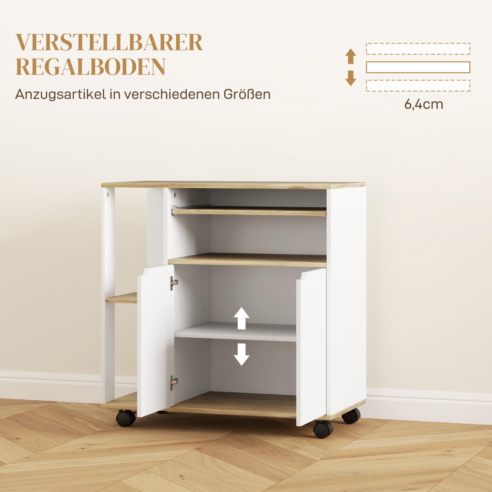 Kitchen Cart Serving Trolley with Cabinet, Sliding and Adjustable Shelves, Kitchen Rack with Worktop, Wheels for Dining Room, 80 x 40 x 82 cm, White