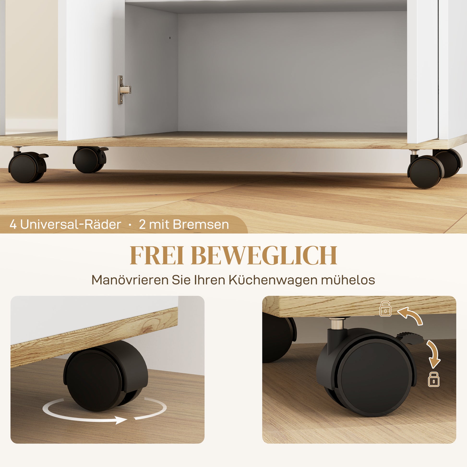 Kitchen Cart Serving Trolley with Cabinet, Sliding and Adjustable Shelves, Kitchen Rack with Worktop, Wheels for Dining Room, 80 x 40 x 82 cm, White