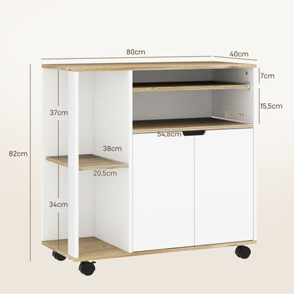 Kitchen Cart Serving Trolley with Cabinet, Sliding and Adjustable Shelves, Kitchen Rack with Worktop, Wheels for Dining Room, 80 x 40 x 82 cm, White