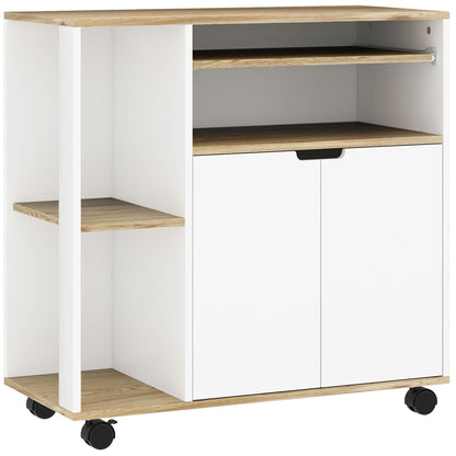 Kitchen Cart Serving Trolley with Cabinet, Sliding and Adjustable Shelves, Kitchen Rack with Worktop, Wheels for Dining Room, 80 x 40 x 82 cm, White