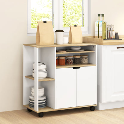 Kitchen Cart Serving Trolley with Cabinet, Sliding and Adjustable Shelves, Kitchen Rack with Worktop, Wheels for Dining Room, 80 x 40 x 82 cm, White