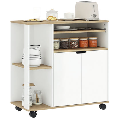 Kitchen Cart Serving Trolley with Cabinet, Sliding and Adjustable Shelves, Kitchen Rack with Worktop, Wheels for Dining Room, 80 x 40 x 82 cm, White