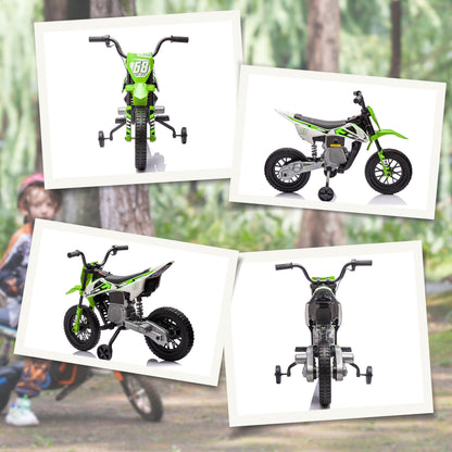 Kids Electric Motorcycle, 12V Children's Bike with Music, Children's Vehicle with Removable Training Wheels, 2.4-5 km/h, for 3-6 years old kids, max. 30 kg, Green
