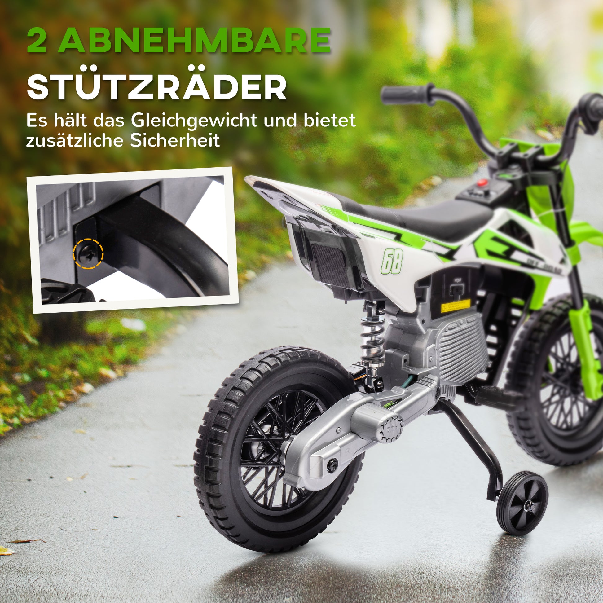 Kids Electric Motorcycle, 12V Children's Bike with Music, Children's Vehicle with Removable Training Wheels, 2.4-5 km/h, for 3-6 years old kids, max. 30 kg, Green