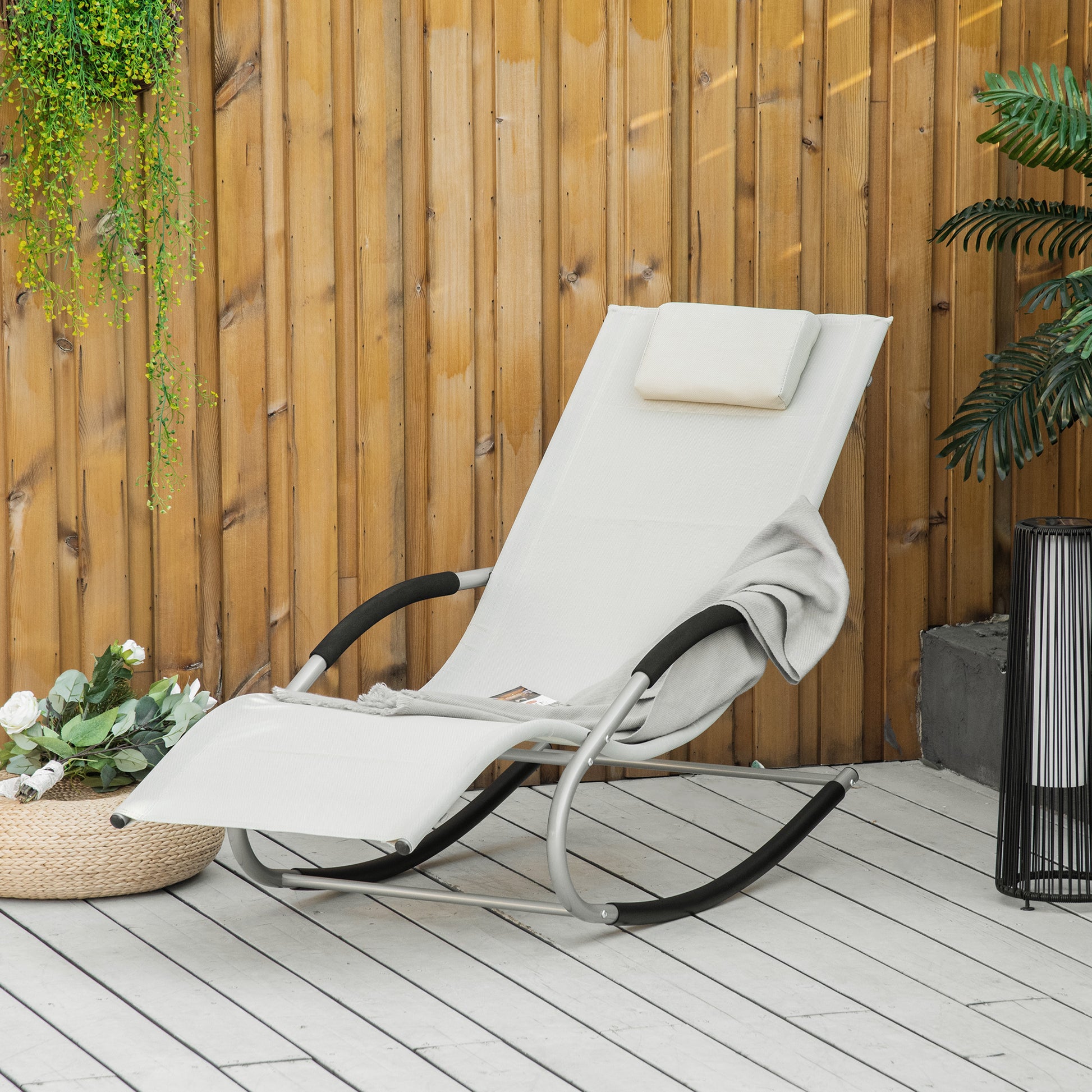 Garden Rocking Lounger with Headrest Armrests and Metal Frame Load 120 kg for Beach Patio Terrace 63x144x84 cm Beige