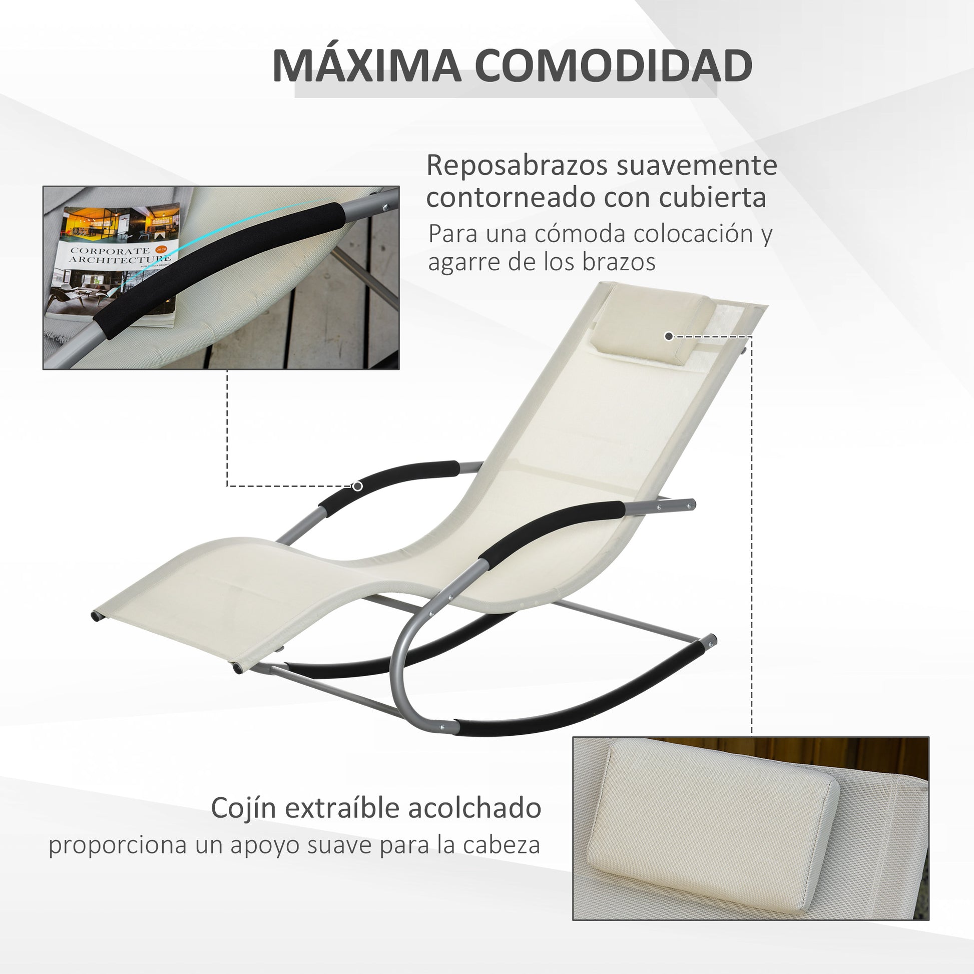Garden Rocking Lounger with Headrest Armrests and Metal Frame Load 120 kg for Beach Patio Terrace 63x144x84 cm Beige