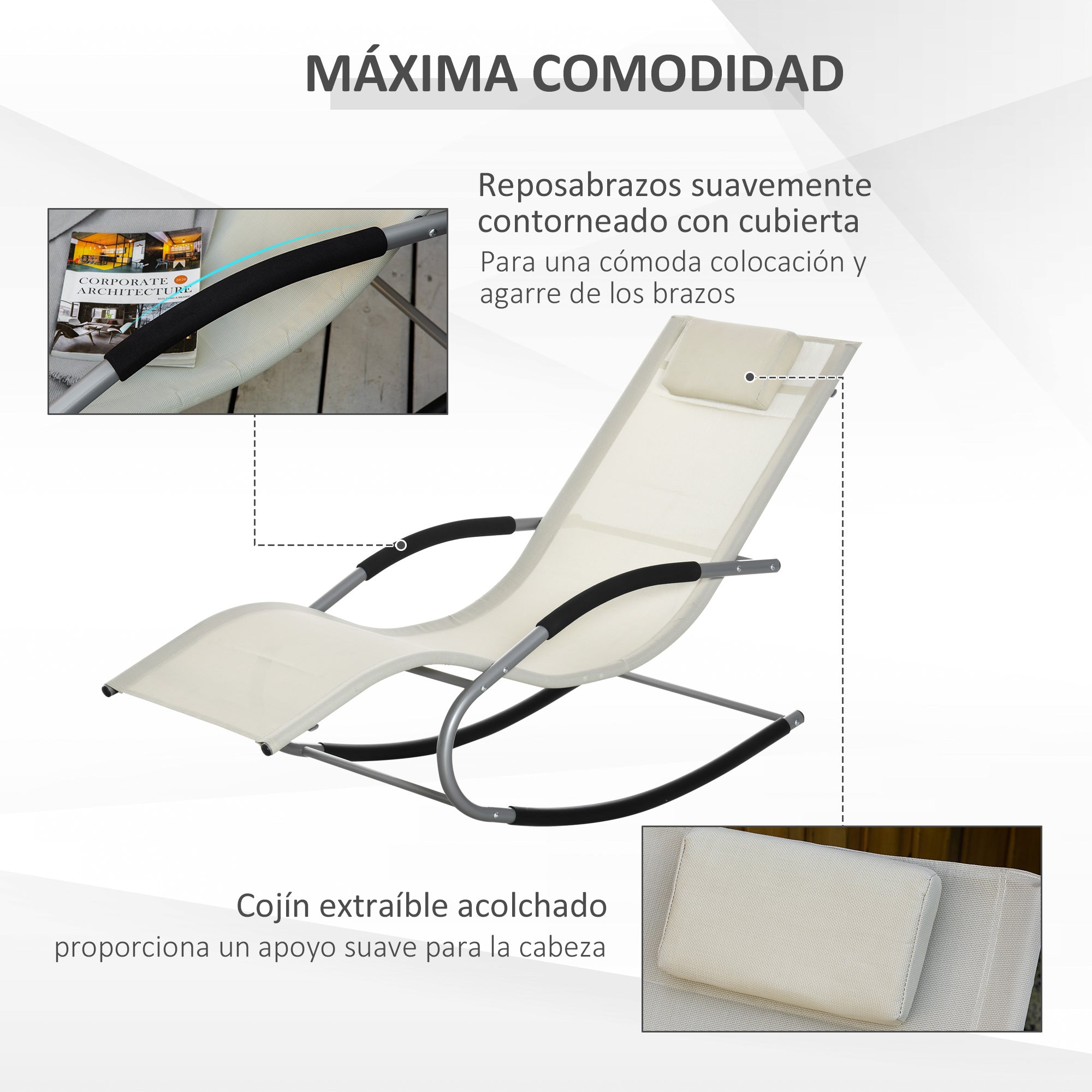 Garden Rocking Lounger with Headrest Armrests and Metal Frame Load 120 kg for Beach Patio Terrace 63x144x84 cm Beige