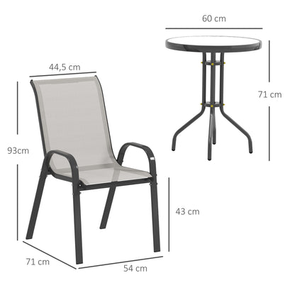 3-Piece Outdoor Patio Set — 2 Stackable Armchairs & Round Tempered Glass Table, Textilene Fabric, for Patio, Terrace, Balcony, Light Gray