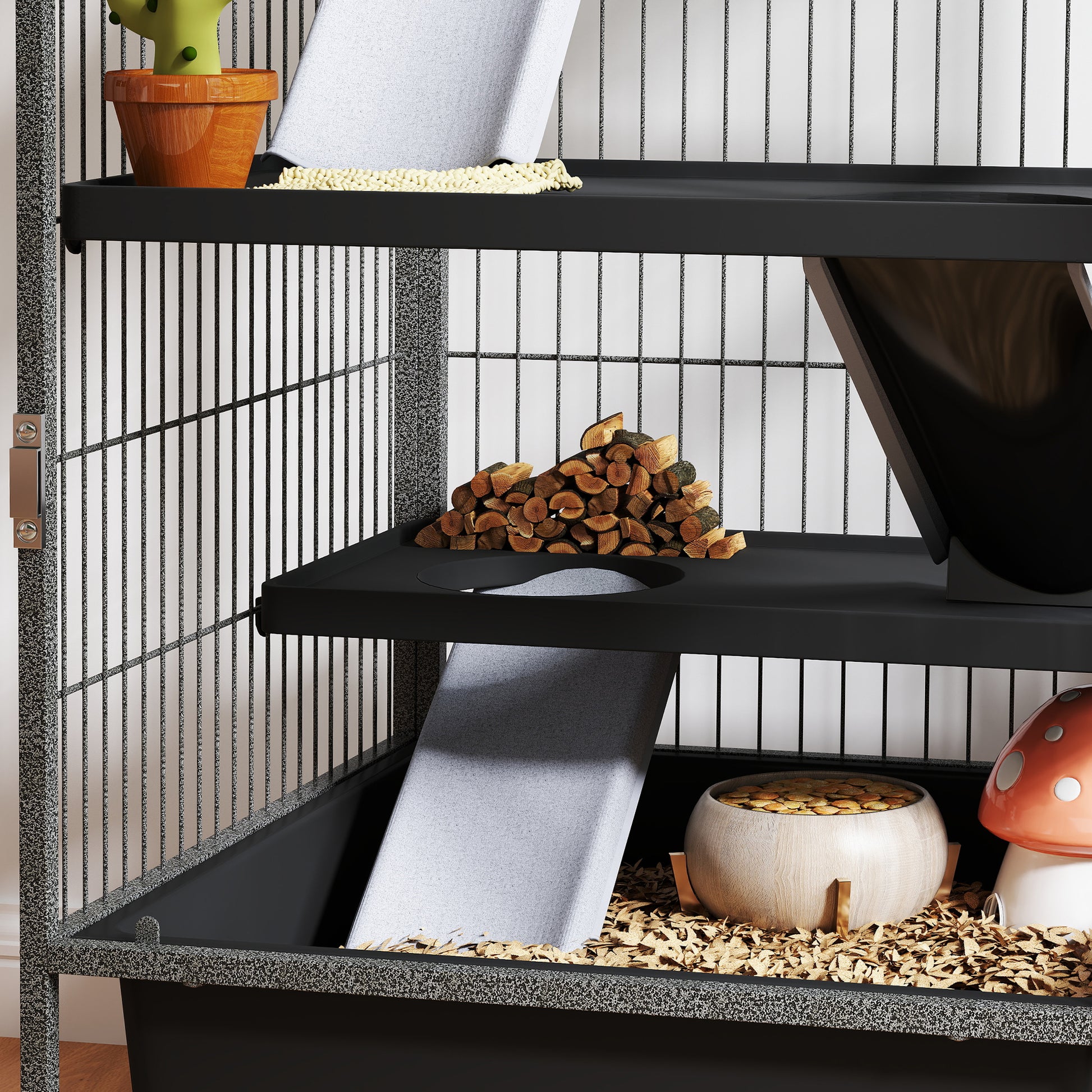 Small Animal Cage 4 Levels, Rabbit and Ferret Hutch with Ramps, Platforms and Hammock, Wheels with Brake, 52x52x115 cm, Gray