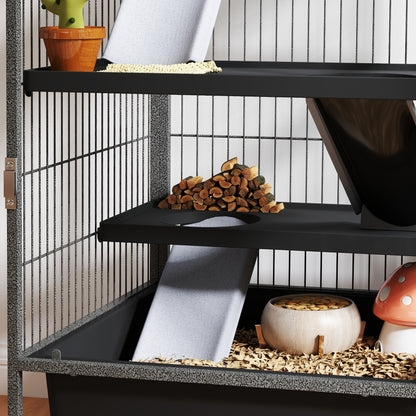 Small Animal Cage 4 Levels, Rabbit and Ferret Hutch with Ramps, Platforms and Hammock, Wheels with Brake, 52x52x115 cm, Gray