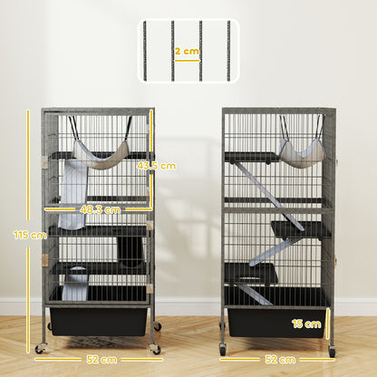 Small Animal Cage 4 Levels, Rabbit and Ferret Hutch with Ramps, Platforms and Hammock, Wheels with Brake, 52x52x115 cm, Gray