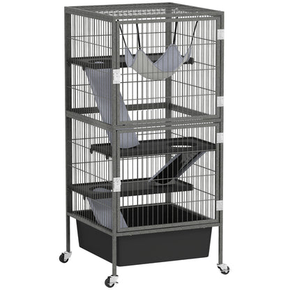 Small Animal Cage 4 Levels, Rabbit and Ferret Hutch with Ramps, Platforms and Hammock, Wheels with Brake, 52x52x115 cm, Gray