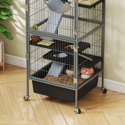 Small Animal Cage 4 Levels, Rabbit and Ferret Hutch with Ramps, Platforms and Hammock, Wheels with Brake, 52x52x115 cm, Gray