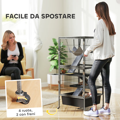Small Animal Cage 4 Levels, Rabbit and Ferret Hutch with Ramps, Platforms and Hammock, Wheels with Brake, 52x52x115 cm, Gray