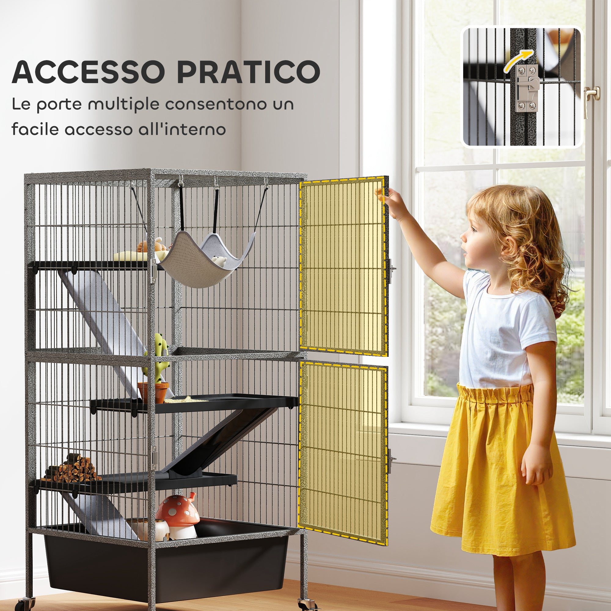 Small Animal Cage 4 Levels, Rabbit and Ferret Hutch with Ramps, Platforms and Hammock, Wheels with Brake, 52x52x115 cm, Gray