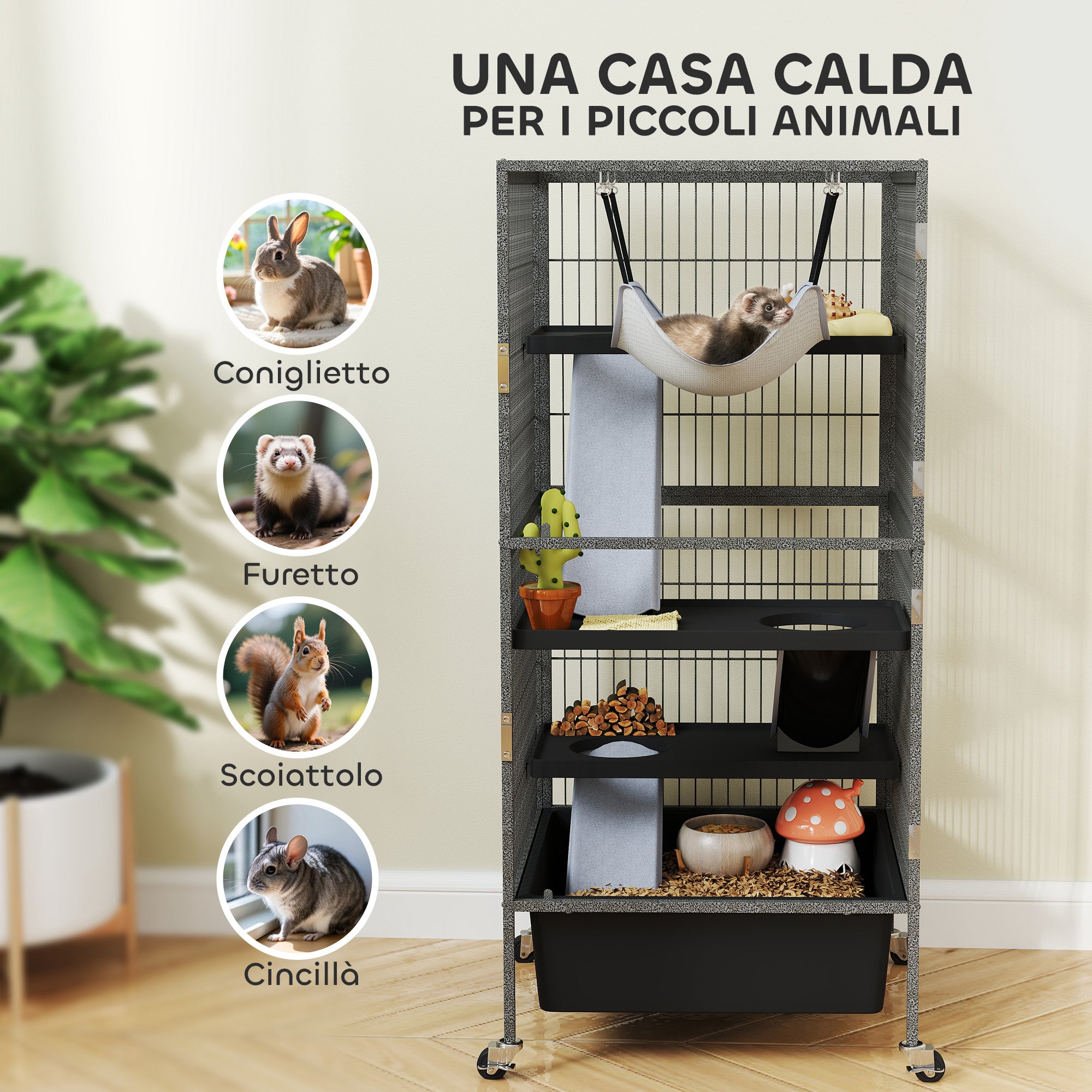 Small Animal Cage 4 Levels, Rabbit and Ferret Hutch with Ramps, Platforms and Hammock, Wheels with Brake, 52x52x115 cm, Gray