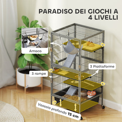 Small Animal Cage 4 Levels, Rabbit and Ferret Hutch with Ramps, Platforms and Hammock, Wheels with Brake, 52x52x115 cm, Gray