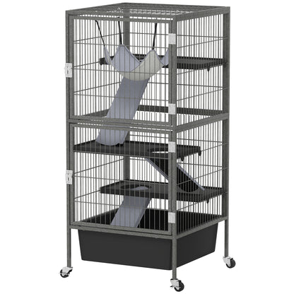 Small Animal Cage 4 Levels, Rabbit and Ferret Hutch with Ramps, Platforms and Hammock, Wheels with Brake, 52x52x115 cm, Gray