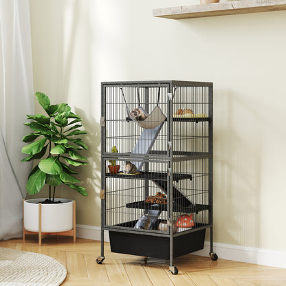 Small Animal Cage 4 Levels, Rabbit and Ferret Hutch with Ramps, Platforms and Hammock, Wheels with Brake, 52x52x115 cm, Gray