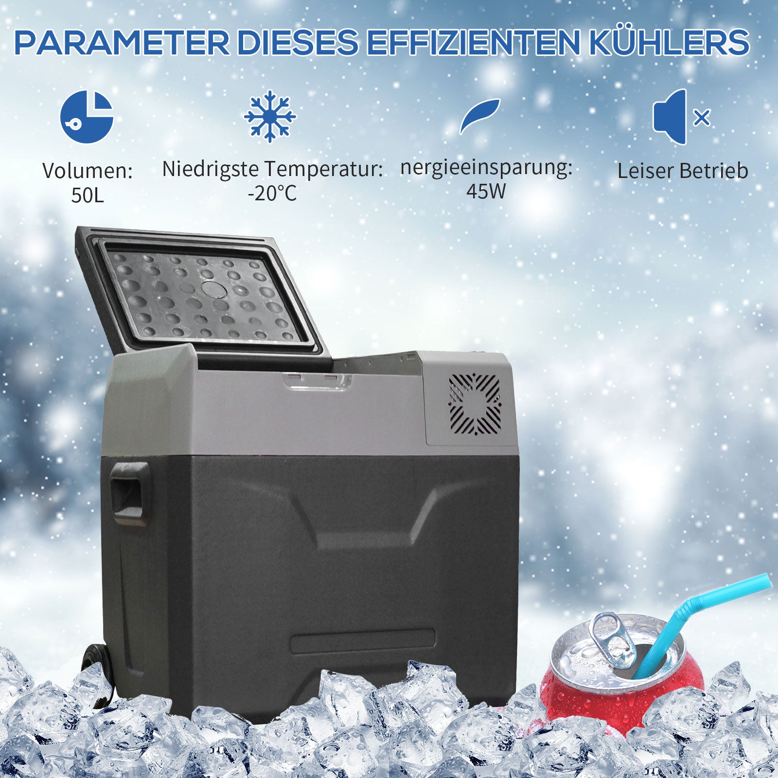 50 Liter Compressor Cooler Electric Cooler up to -20°C Mini Fridge with ECO Mode Connection Cooling Function, Freezer Box 12/230 Volts for Car Truck, Boat, Gray