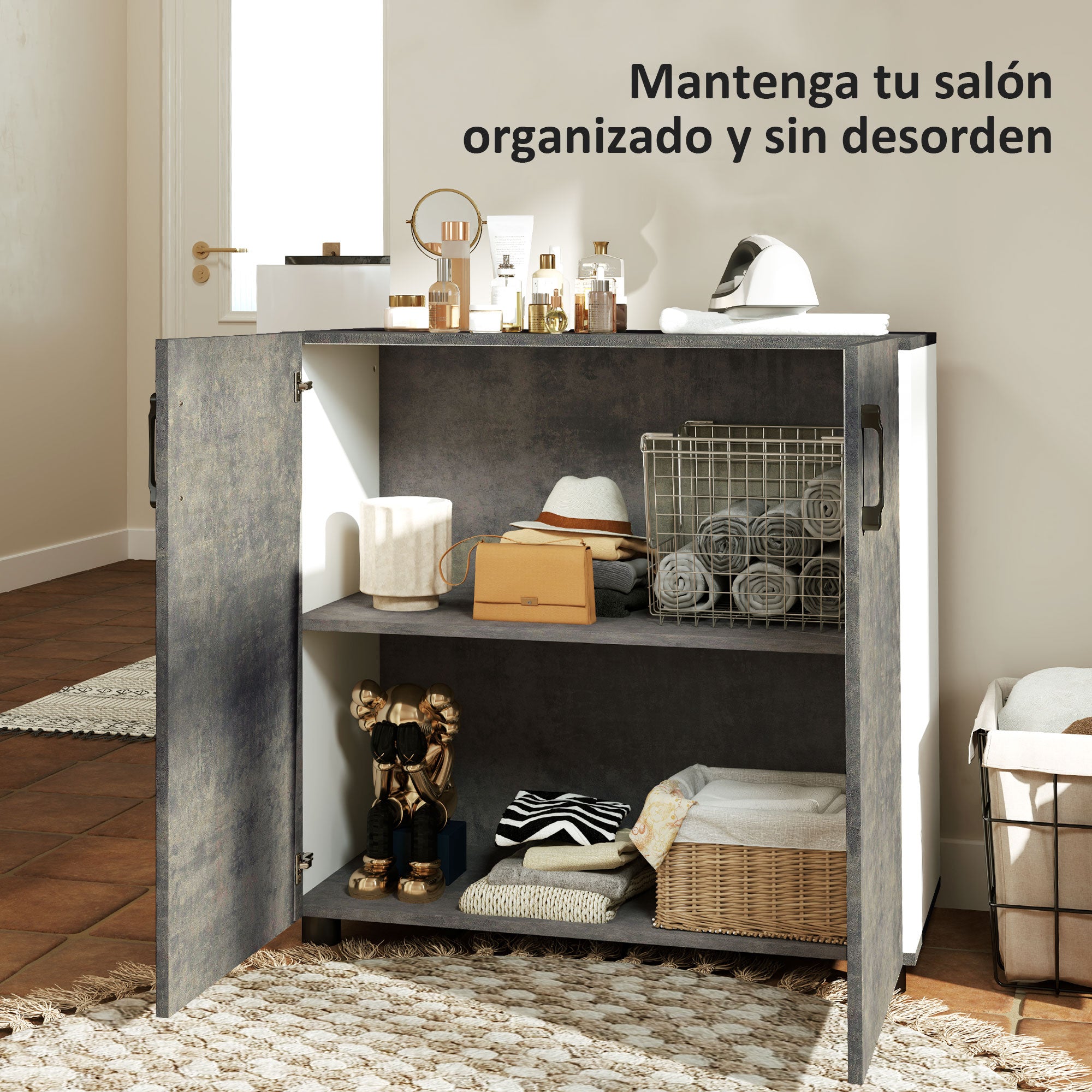 2-Door Soft-Close Sideboard Buffet Table with Shelf for Kitchen Bedroom Entryway 80x37x80 cm Gray Cement and High Gloss White