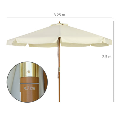 Garden Umbrella Ø3.25m with Ropes, Adjustable Opening and Air Vents, Outdoor Umbrella with 8 Wooden Ribs, Bamboo and 180g/㎡ Polyester, for Yard, Terrace and Balcony, Beige