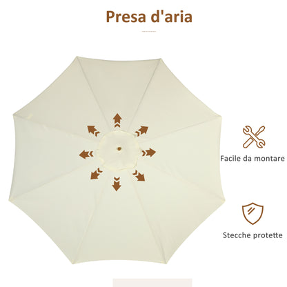 Garden Umbrella Ø3.25m with Ropes, Adjustable Opening and Air Vents, Outdoor Umbrella with 8 Wooden Ribs, Bamboo and 180g/㎡ Polyester, for Yard, Terrace and Balcony, Beige