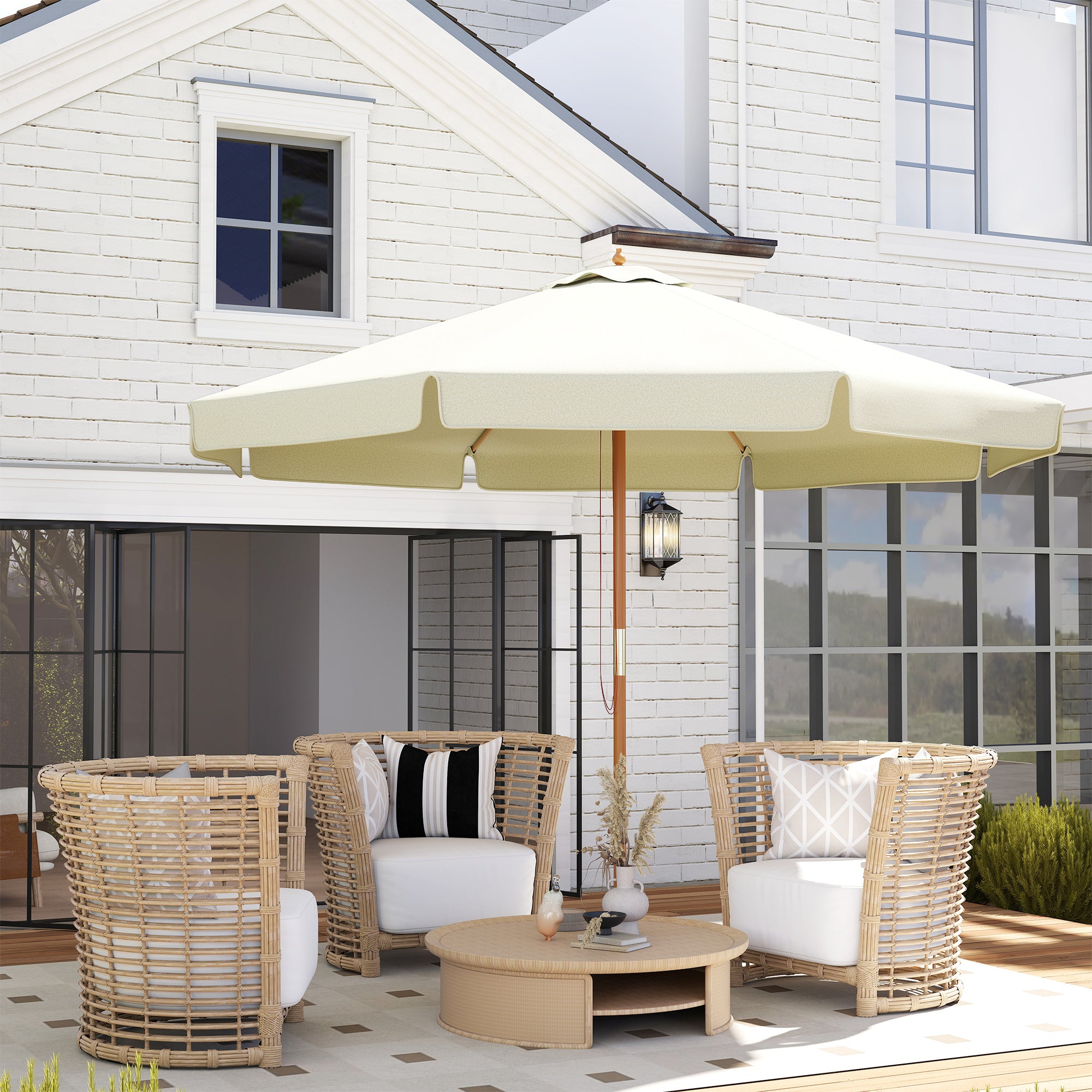 Garden Umbrella Ø3.25m with Ropes, Adjustable Opening and Air Vents, Outdoor Umbrella with 8 Wooden Ribs, Bamboo and 180g/㎡ Polyester, for Yard, Terrace and Balcony, Beige