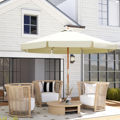 Garden Umbrella Ø3.25m with Ropes, Adjustable Opening and Air Vents, Outdoor Umbrella with 8 Wooden Ribs, Bamboo and 180g/㎡ Polyester, for Yard, Terrace and Balcony, Beige