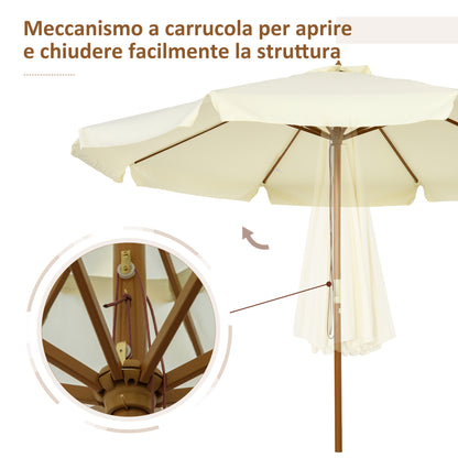 Garden Umbrella Ø3.25m with Ropes, Adjustable Opening and Air Vents, Outdoor Umbrella with 8 Wooden Ribs, Bamboo and 180g/㎡ Polyester, for Yard, Terrace and Balcony, Beige