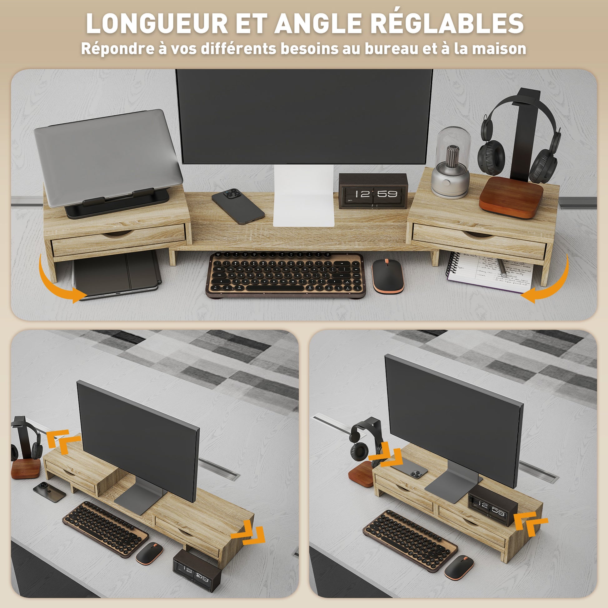 PC Monitor Stand Desk Computer Screen Riser 60-116 cm Monitor Stand with 2 Drawers, Adjustable Length and Angle, for Laptop, Computer, PC, Oak