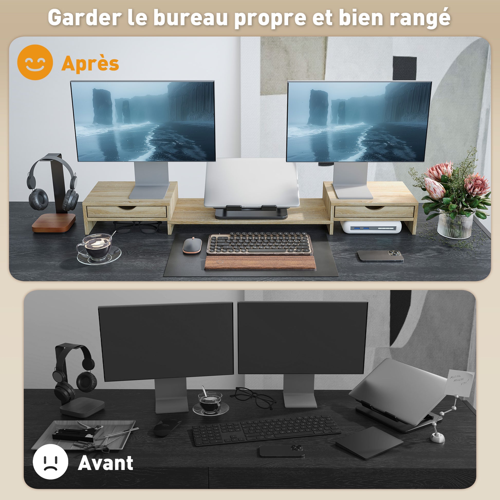 PC Monitor Stand Desk Computer Screen Riser 60-116 cm Monitor Stand with 2 Drawers, Adjustable Length and Angle, for Laptop, Computer, PC, Oak