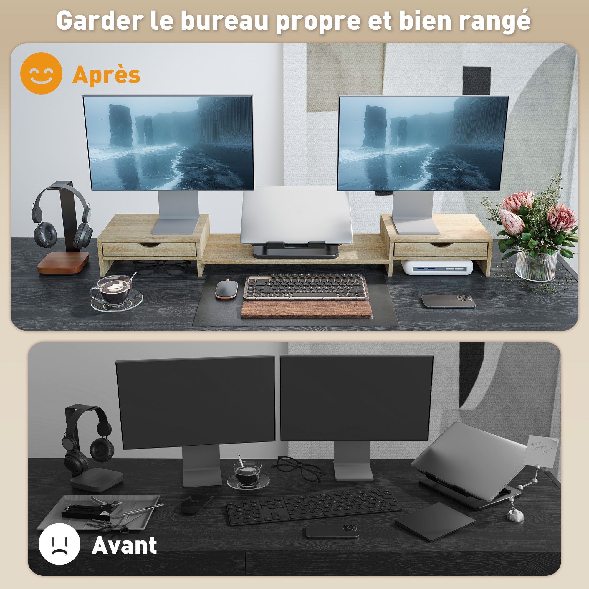 PC Monitor Stand Desk Computer Screen Riser 60-116 cm Monitor Stand with 2 Drawers, Adjustable Length and Angle, for Laptop, Computer, PC, Oak