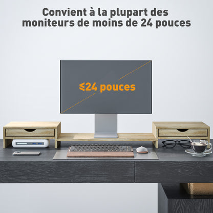 PC Monitor Stand Desk Computer Screen Riser 60-116 cm Monitor Stand with 2 Drawers, Adjustable Length and Angle, for Laptop, Computer, PC, Oak