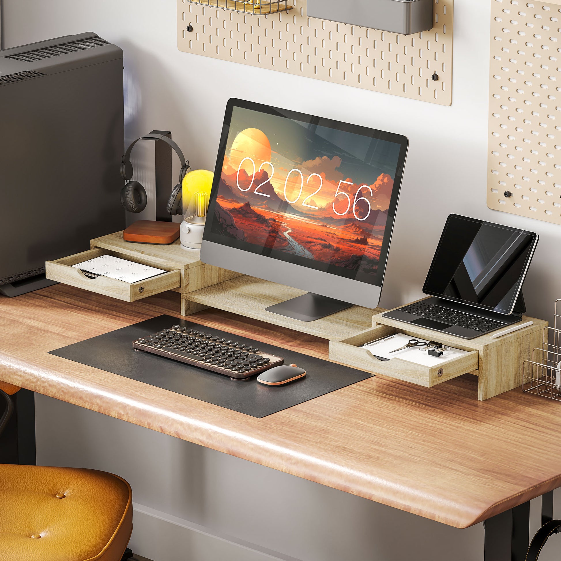 PC Monitor Stand Desk Computer Screen Riser 60-116 cm Monitor Stand with 2 Drawers, Adjustable Length and Angle, for Laptop, Computer, PC, Oak