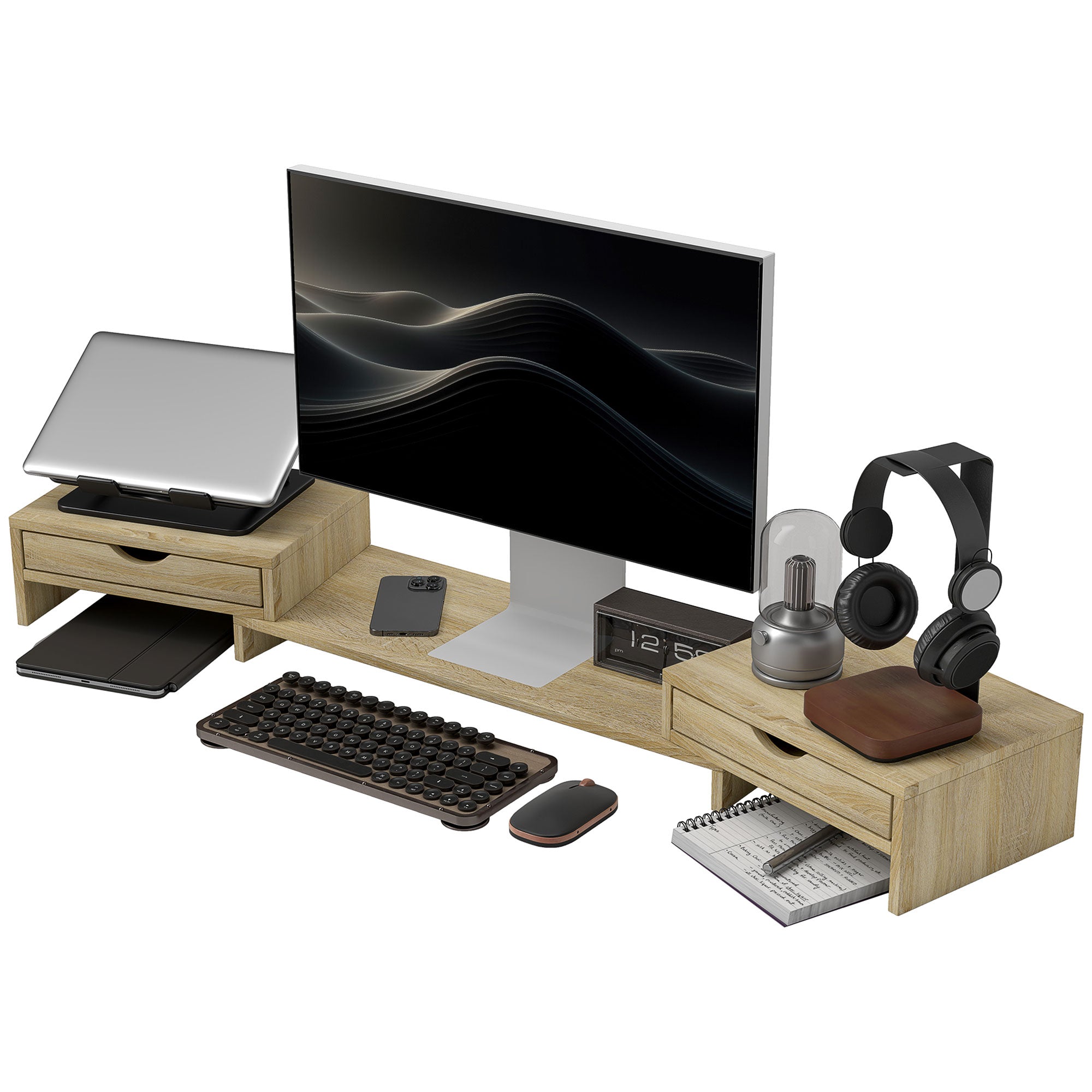 PC Monitor Stand Desk Computer Screen Riser 60-116 cm Monitor Stand with 2 Drawers, Adjustable Length and Angle, for Laptop, Computer, PC, Oak