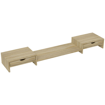 PC Monitor Stand Desk Computer Screen Riser 60-116 cm Monitor Stand with 2 Drawers, Adjustable Length and Angle, for Laptop, Computer, PC, Oak