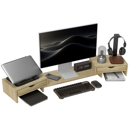 PC Monitor Stand Desk Computer Screen Riser 60-116 cm Monitor Stand with 2 Drawers, Adjustable Length and Angle, for Laptop, Computer, PC, Oak