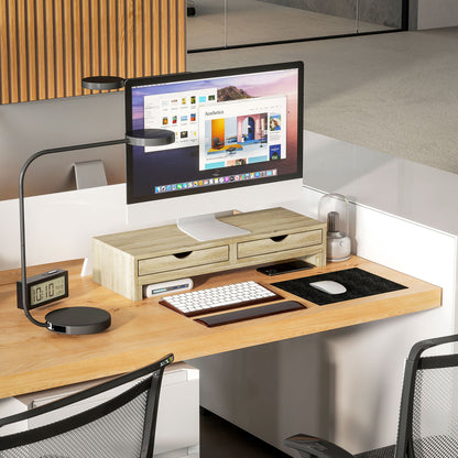 PC Monitor Stand Desk Computer Screen Riser 60-116 cm Monitor Stand with 2 Drawers, Adjustable Length and Angle, for Laptop, Computer, PC, Oak