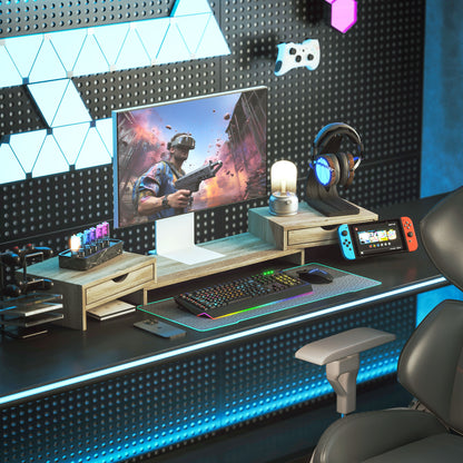 PC Monitor Stand Desk Computer Screen Riser 60-116 cm Monitor Stand with 2 Drawers, Adjustable Length and Angle, for Laptop, Computer, PC, Oak